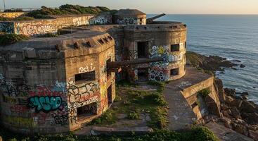 Exploring Abandoned Coastal Fort with Graffiti Overlooking the Ocean Vista photo