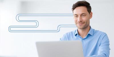 Professional man working on laptop in modern office with abstract lines in background representing technology and innovation concept photo