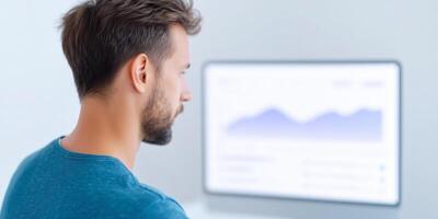 Young man analyzing data on computer screen with graphs and charts in modern office environment focused on business analytics concept photo
