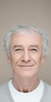 Senior man with gray hair smiling warmly at the camera, showcasing a friendly demeanor and positive attitude, representing the concept of aging gracefully and happiness concept photo