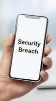 Mobile phone displaying a message about a security breach alerting users to potential data risks and emphasizing the importance of cybersecurity awareness concept photo