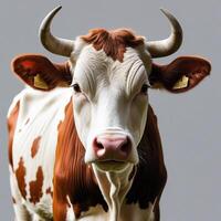 a cow with horns on a gray background photo