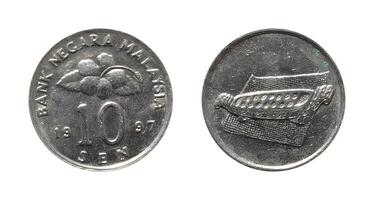 Ten Sen 1997, Coin from Malaysia, the coin shows Congkak a game of Malay origin for two consisting of a board which has several 'houses' and Hibiscus flower blossom, It's made of Copper nickel photo