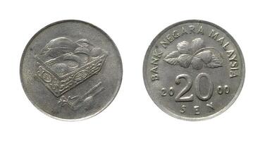 Twenty Sen 2000, Coin from Malaysia, the coin shows Tepak Sirih and Kapur Metal Container and Hibiscus flower blossom, It's made of Copper nickel steel, two sides of the coin photo