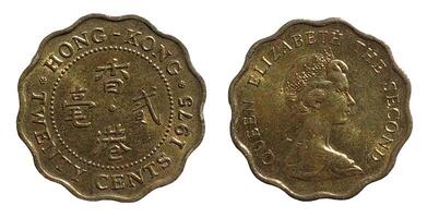Twenty Cents 1975, Coin from Hong Kong, the coin shows the crowned bust of Queen Elizabeth II facing right and Chinese value within beaded circle, date lower right, It's made of Nickel brass. photo