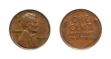 One Cent 1939, Coin from United States, the coin shows the bust of Abraham Lincoln, facing right and ONE CENT on two lines, It's made of Bronze photo