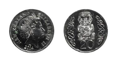 Twenty Cents 2014, Coin from New Zealand, the coin shows the crowned bust of Queen Elizabeth II, facing right and remarkable Maori carving, It's made of Nickel plated steel, two sides of the coin photo