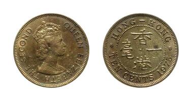 Ten Cents 1975, Coin from Hong Kong, the coin shows the crowned bust of Queen Elizabeth II facing right and Chinese value within beaded circle, date lower right, It's made of Nickel brass. photo