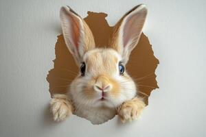 beige rabbit peeking out of a hole on a white paper banner. The concept of celebrating Easter. photo