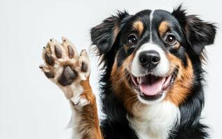A happy dog giving a high five on a white background. A dog is a friend of a man photo