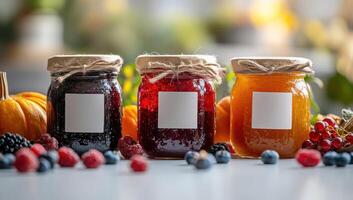 Three jars of colorful homemade jam with blank labels, surrounded by fresh berries, creating a rustic and inviting scene photo