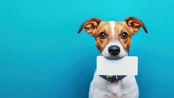 Playful jack russell terrier holding card against blue background, representing pet-related financial transactions photo