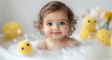 Playful infant blowing soapy bubbles during bathing, experiencing joyful water photo