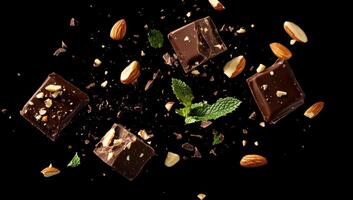 Pieces of dark chocolate bar exploding with almonds and mint leaves on a black background, creating a delicious and tempting scene photo