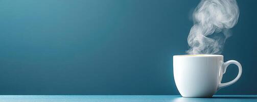 Steaming white ceramic mug releasing aromatic vapors against deep navy backdrop, minimalist coffee scene with clean negative space photo