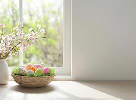 Easter eggs and a bouquet of spring flowers decorating a white wooden table by the window on a blurred spring background photo
