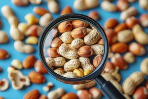 Peanuts, almonds and hazelnuts. A magnifying glass. The concept of quality control or allergy testing. Healthy food. photo