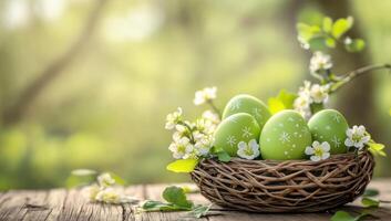 eggs displaying pastel green hues with delicate white polka dots nestled within grassy wicker basket surrounded by soft photo