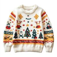 Cozy knitted holiday sweater featuring festive reindeer, snowman, and christmas tree patterns celebrating seasonal cheer photo
