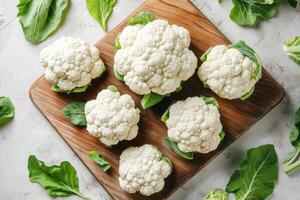 Several fresh cauliflower heads sit on a wooden cutting board, accented by vibrant green leaves, creating a visually appealing display photo