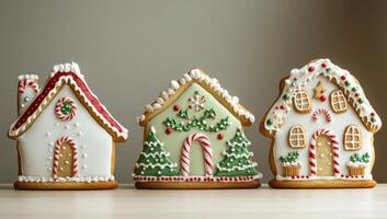 Festive gingerbread houses and christmas tree cookies, adorned with colorful icing and sparkling sprinkles, capturing seasonal cheer and sweetness photo