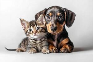 Adorable kitten and puppy sitting together on a white background create a touching scene of friendly communication. photo