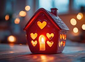 holder in the shape of a house with heart-shaped windows and a shining candle inside on the table, symbolizing love in home decor photo