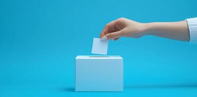 Woman casting her vote into the ballot box with a blue backdrop, symbolizing the principles of democracy and civic participation photo