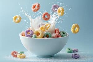 Milk splashing into bowl of colorful cereal rings on blue background, creating dynamic visual with sugared rings suspended mid-air photo