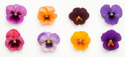 Eight colorful pansies are arranged on a white background, creating a vibrant photo