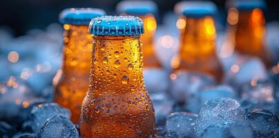 Brown beer bottles stand in ice cubes, refreshing and cooling on a warm summer evening photo