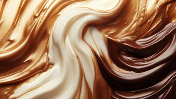 Close-up of liquid chocolate, cream and caramel mixing together, creating a visually appealing swirl photo