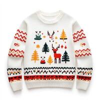 Cozy knitted holiday sweater featuring, snowman, and christmas tree patterns celebrating seasonal cheer photo