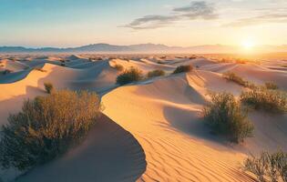 Sand dunes rippling across barren terrain, golden waves shimmering under bright azure sky, showcasing desolate photo