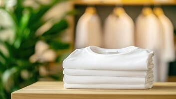 Folded white t-shirts neatly stacked on rustic wooden surface, blurred clothing rack providing neutral backdrop for design presentation photo