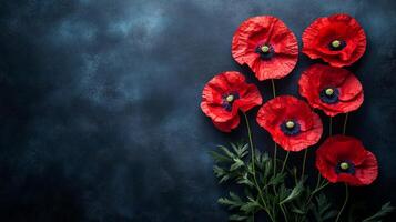 Red poppy flowers on black paper, top view with a trial copy space. photo
