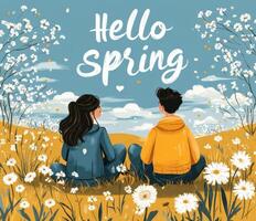 sitting in a field of wildflowers, enjoying the warm spring weather under blossoming trees photo