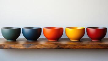 Colorful ceramic bowls lined up on rustic wooden surface, showcasing vivid red, yellow, orange, blue, green hues against neutral backdrop photo