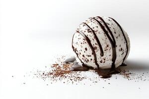 Vanilla ice cream with chocolate topping on a white background creates a unique dessert atmosphere photo