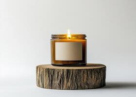 Amber jar candle burning on a wood slice with blank label for branding and customization, creating a cozy and inviting atmosphere photo