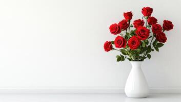 Red roses arranged in a white vase add a touch of romance and vibrancy to a clean, minimalist interior design photo