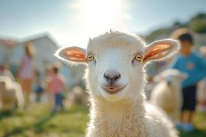 sheep looking at the camera, against the background of children on a sunny day. Portrait of a cute fluffy sheep in close-up. photo