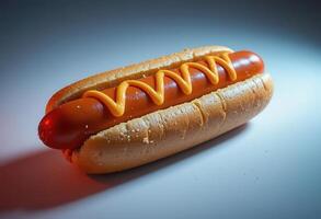 Delicious hot dog with mustard served on a soft bun photo