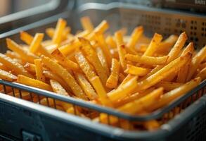 Crispy golden fries collected in a wire basket after frying and draining photo