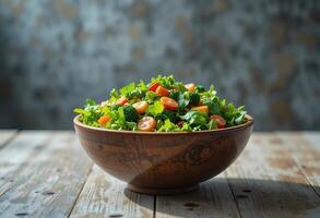 Fresh vegetable salad bowl on a rustic wooden table with textured background photo