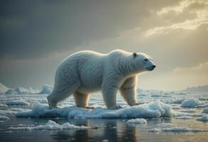Polar bear standing majestically on melting ice in the Arctic at sunset photo