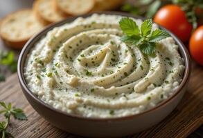 Creamy garlic mashed potatoes served in a rustic bowl with fresh herbs photo