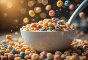 Colorful cereal flies from bowl in bright kitchen setting during breakfast time photo
