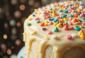 Colorful cake with sprinkles displayed at a festive celebration setting photo