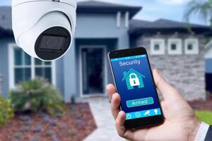 Security camera and smart home app, private house on the background. photo